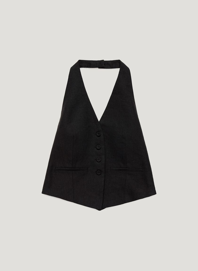 Black linen vest with an open back