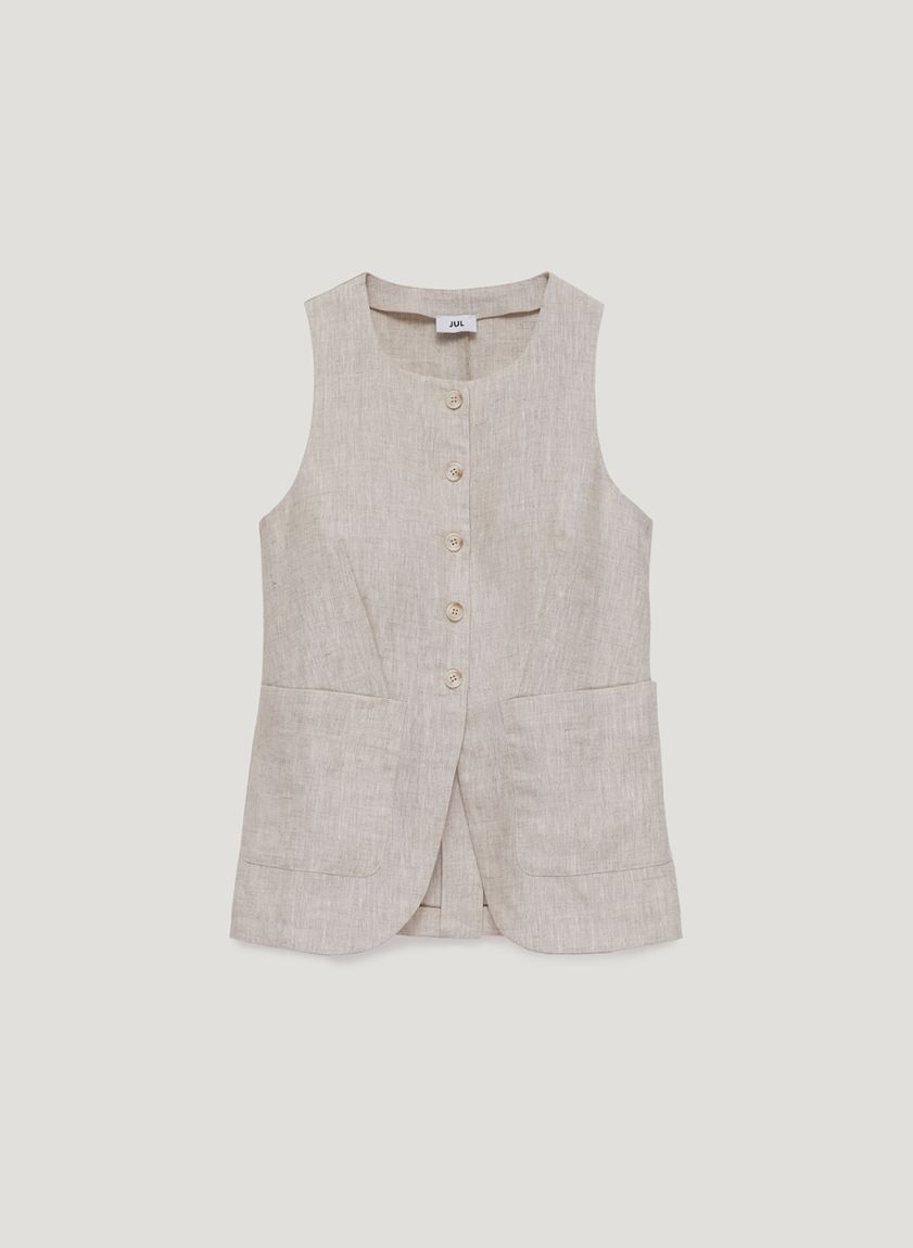 Beige linen vest with patch pockets