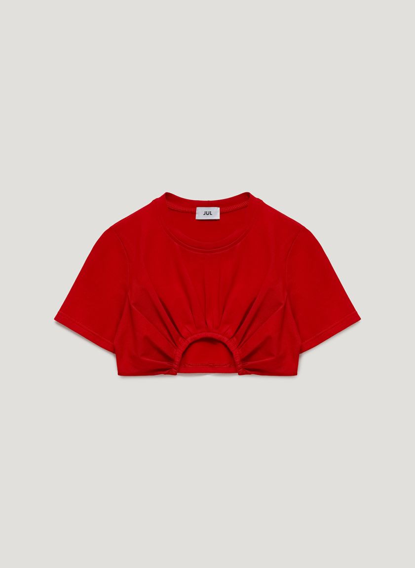 Red cotton top with a round cut