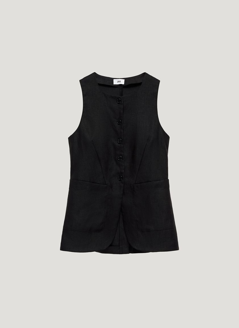 Black linen vest with patch pockets