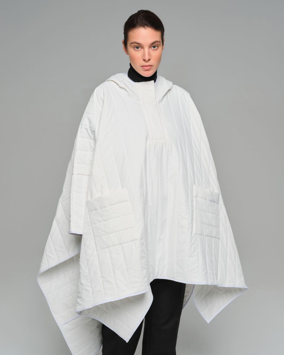 Milk quilted poncho with a hood