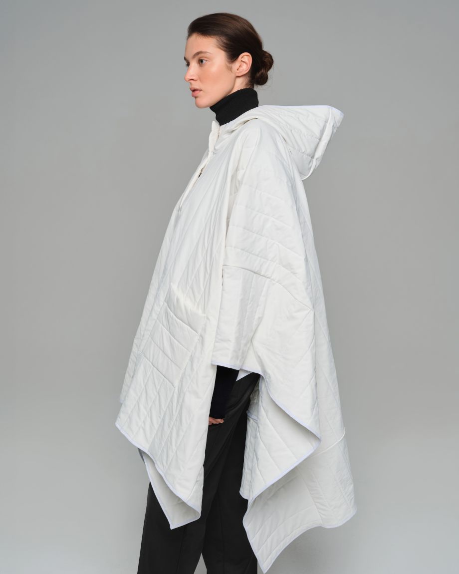 Milk quilted poncho with a hood