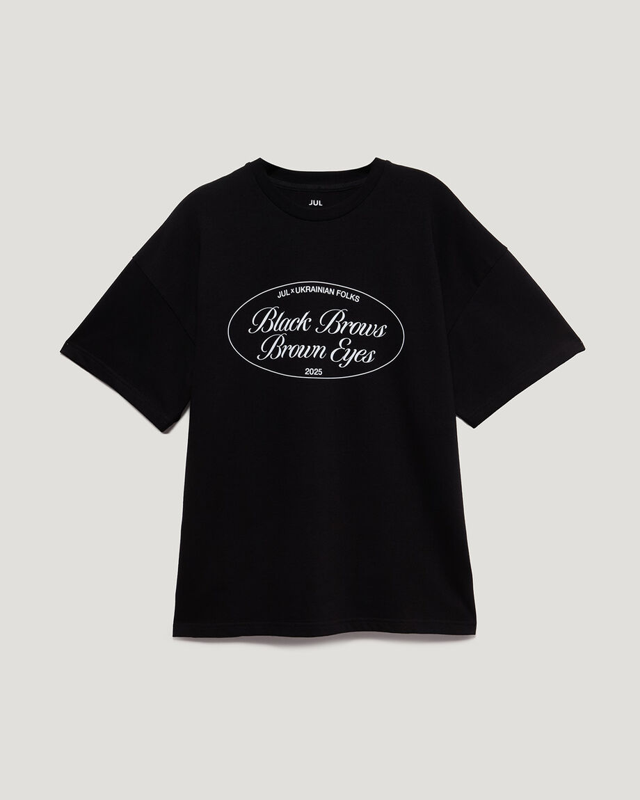 Black unisex T-shirt "Black Brows, Brown Eyes"