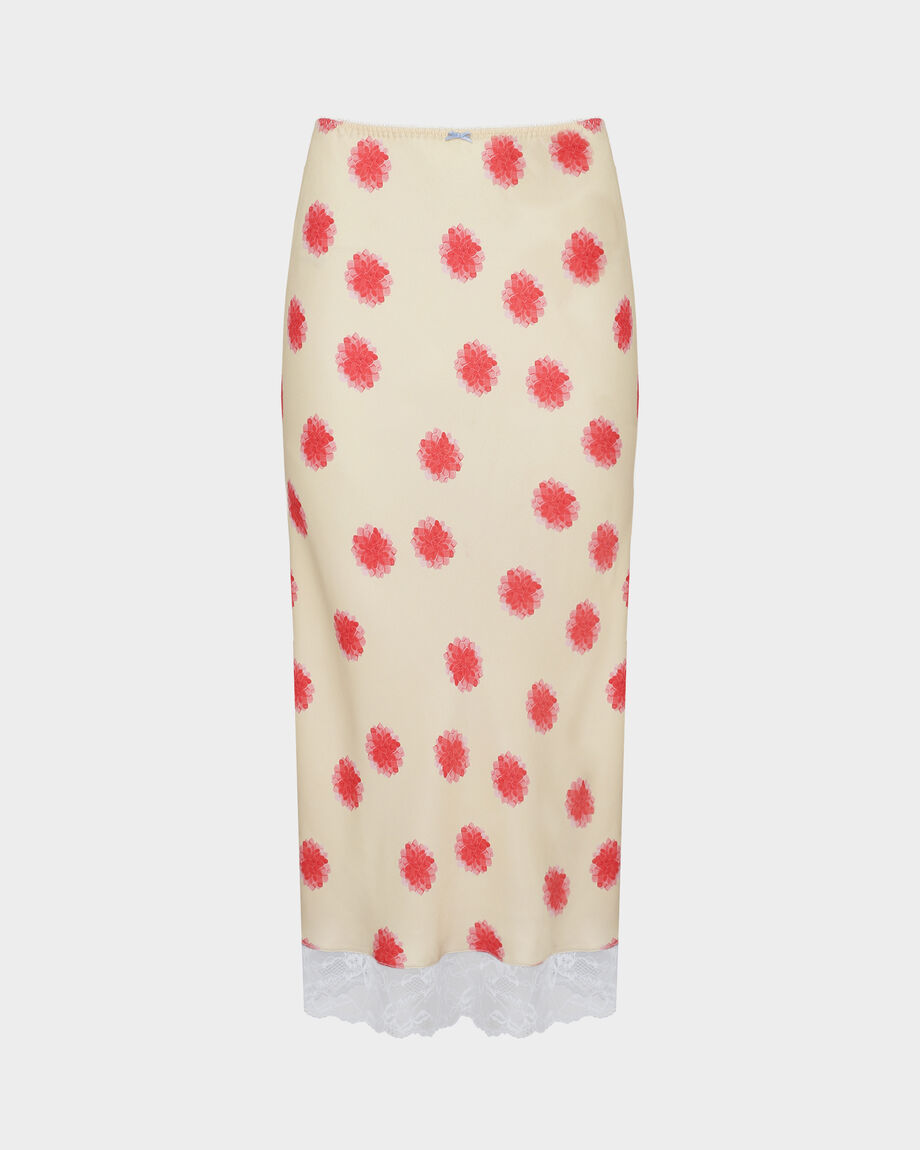 Dahlia Print and Lace Midi Skirt, Pale Yellow