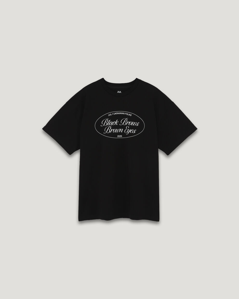 Black unisex T-shirt "Black Brows, Brown Eyes"