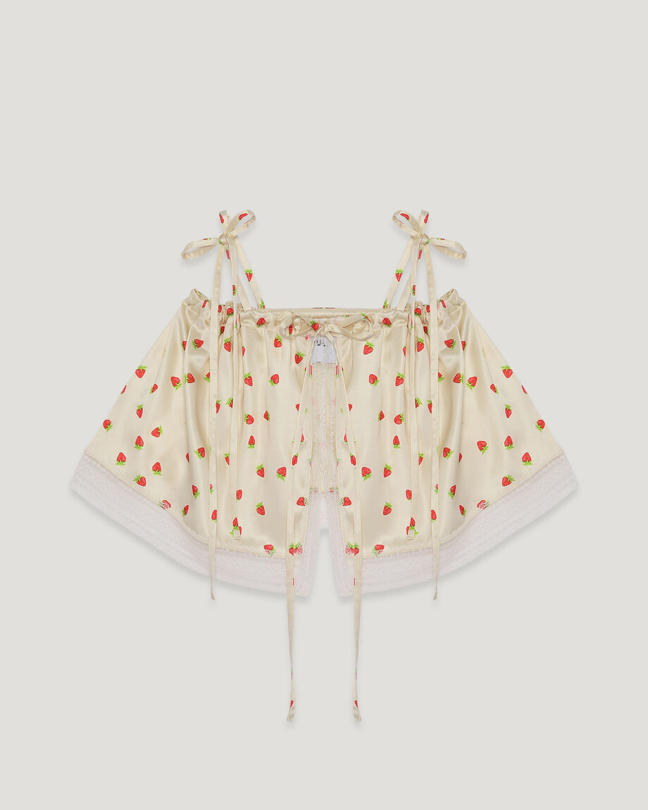 Strawberry Print Satin Gathered Top