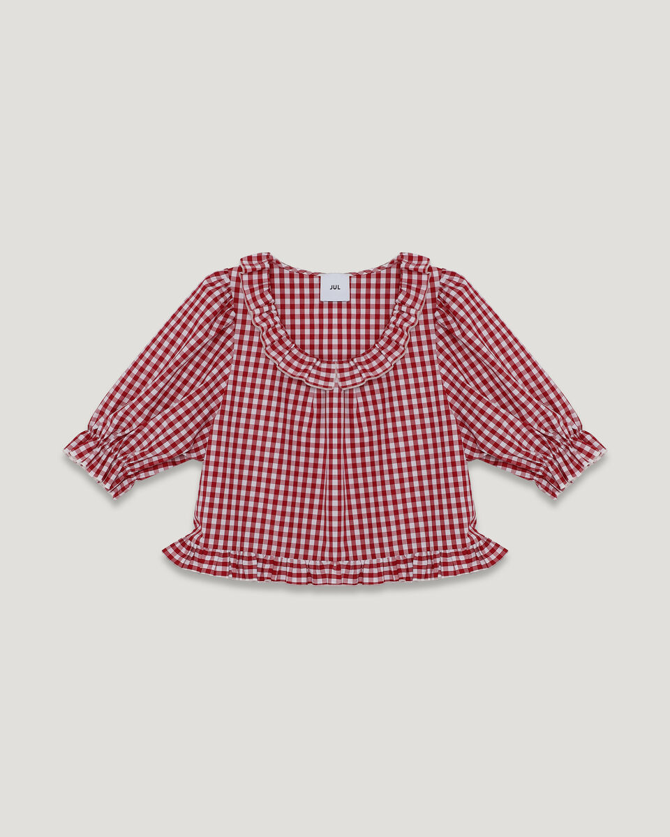 Red & White Check Ruffle Blouse