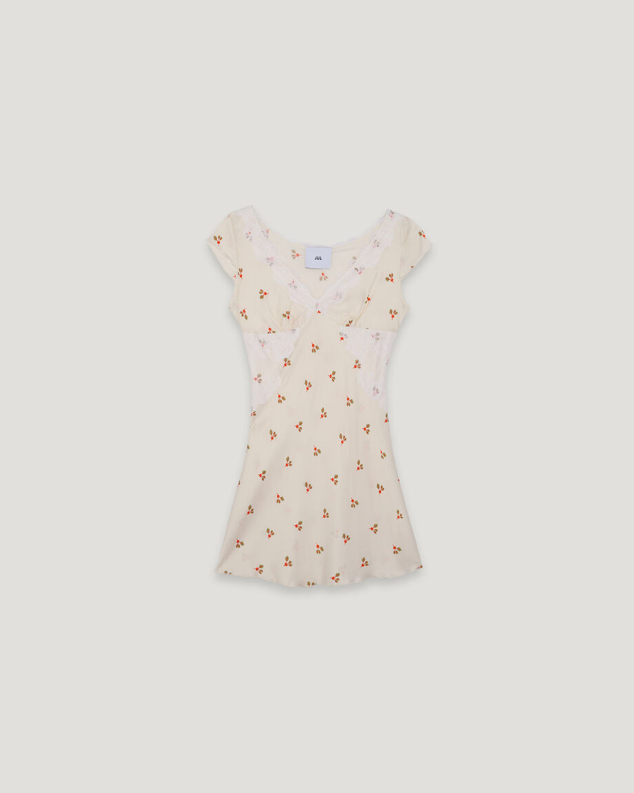 Milky Mini Dress with Lace Neckline and Beet Print