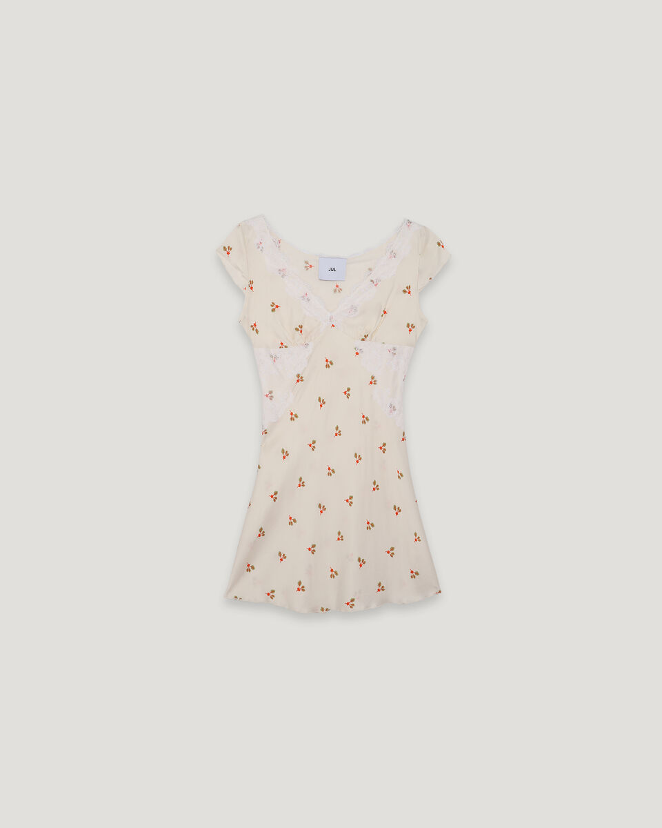 Milky Mini Dress with Lace Neckline and Beet Print