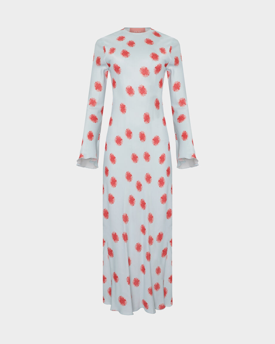 ANNA Midi Dress with Dahlia Print and Back Cut-Out, Light Blue