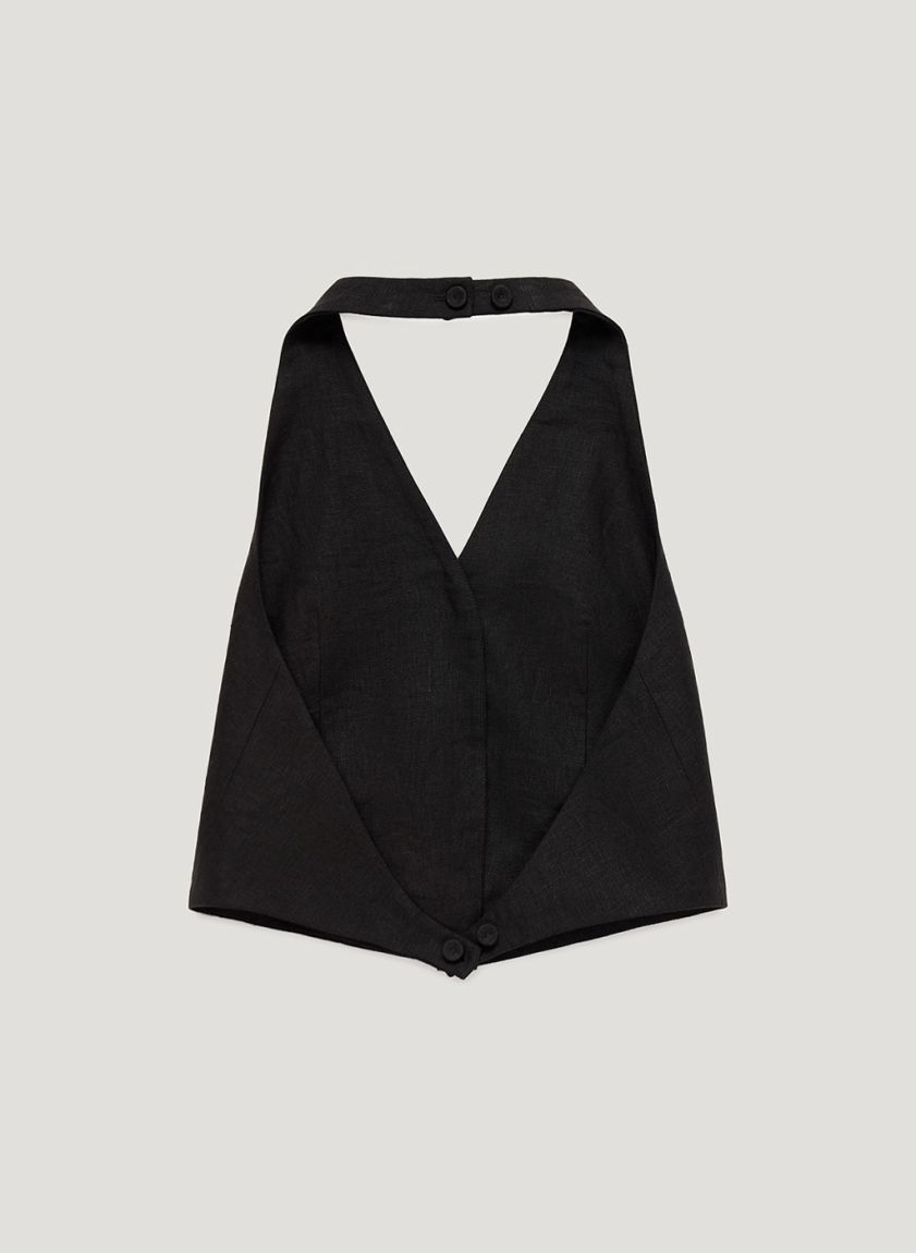 Black linen vest with an open back