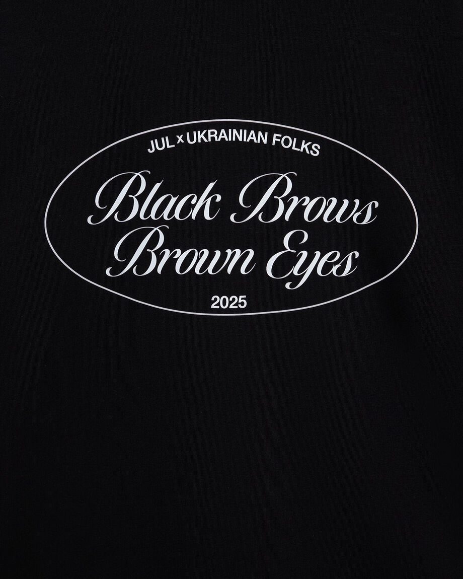 Black unisex T-shirt "Black Brows, Brown Eyes"