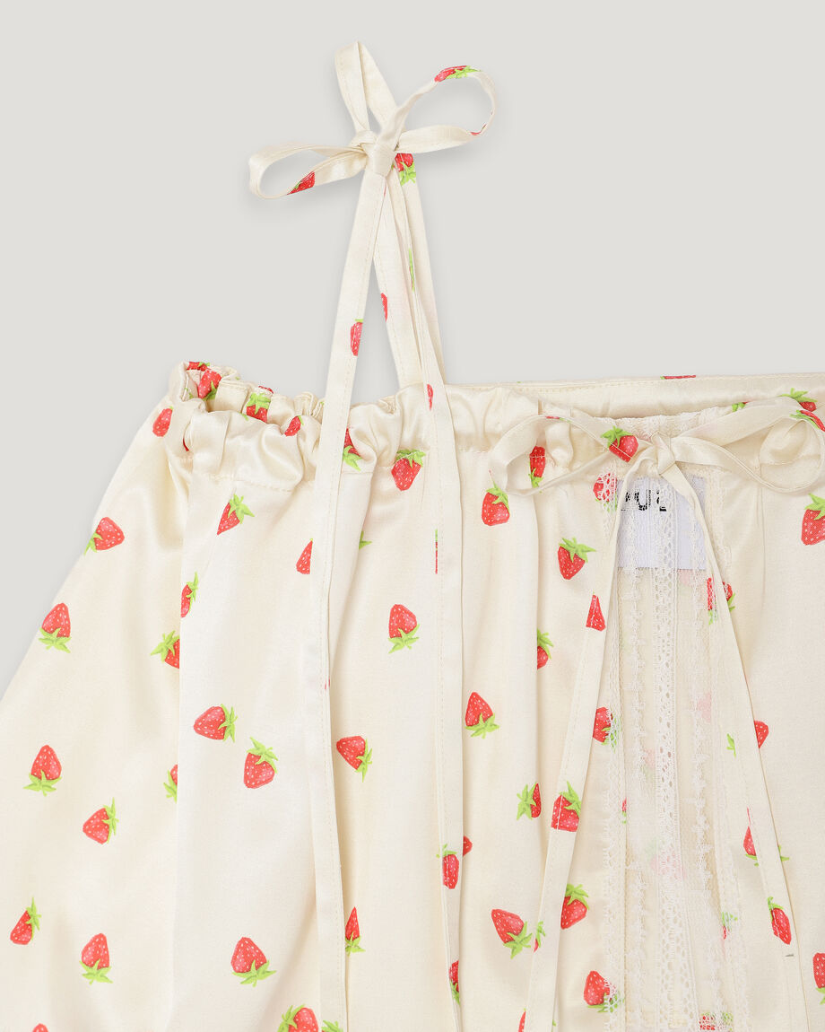 Strawberry Print Satin Gathered Top