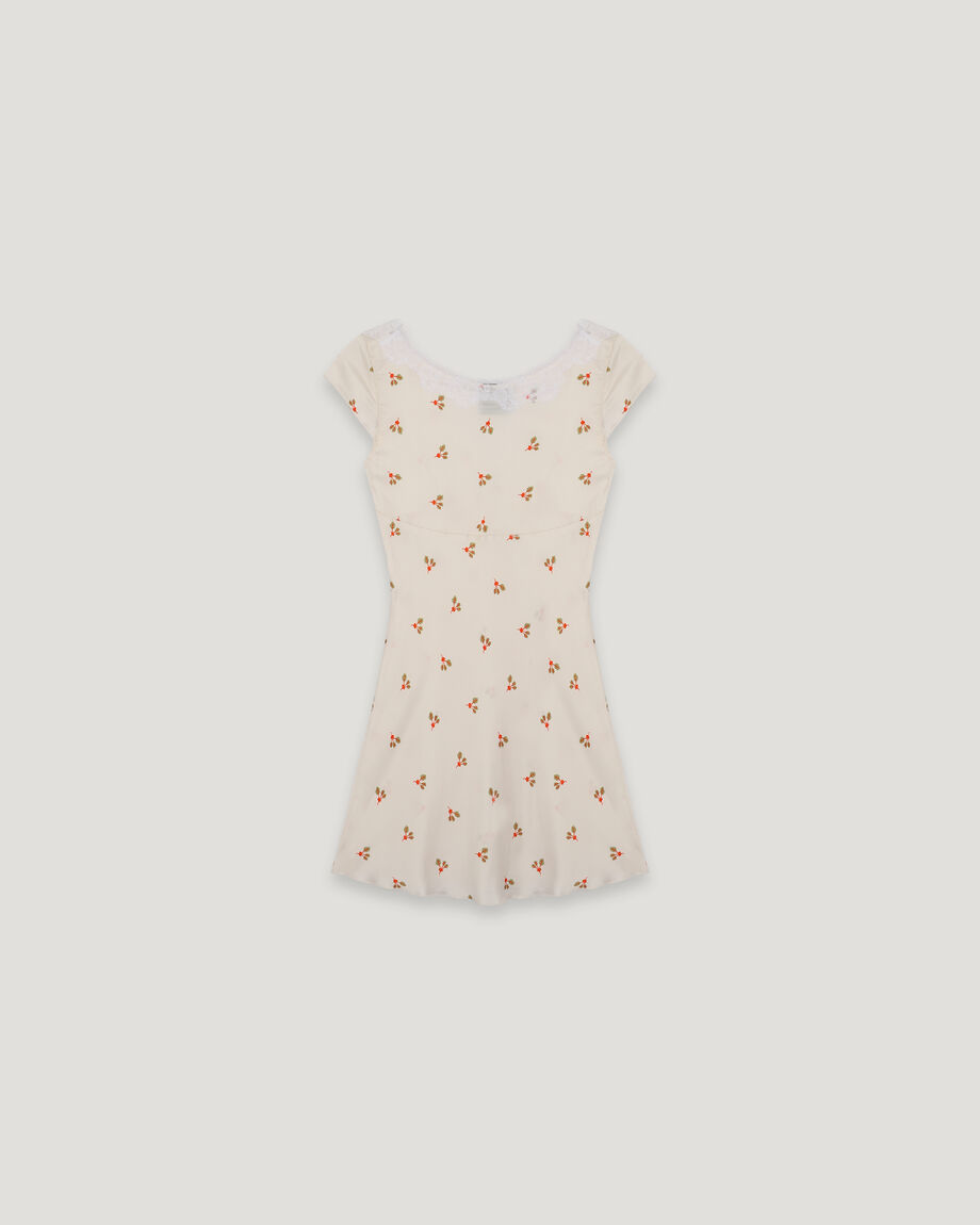 Milky Mini Dress with Lace Neckline and Beet Print