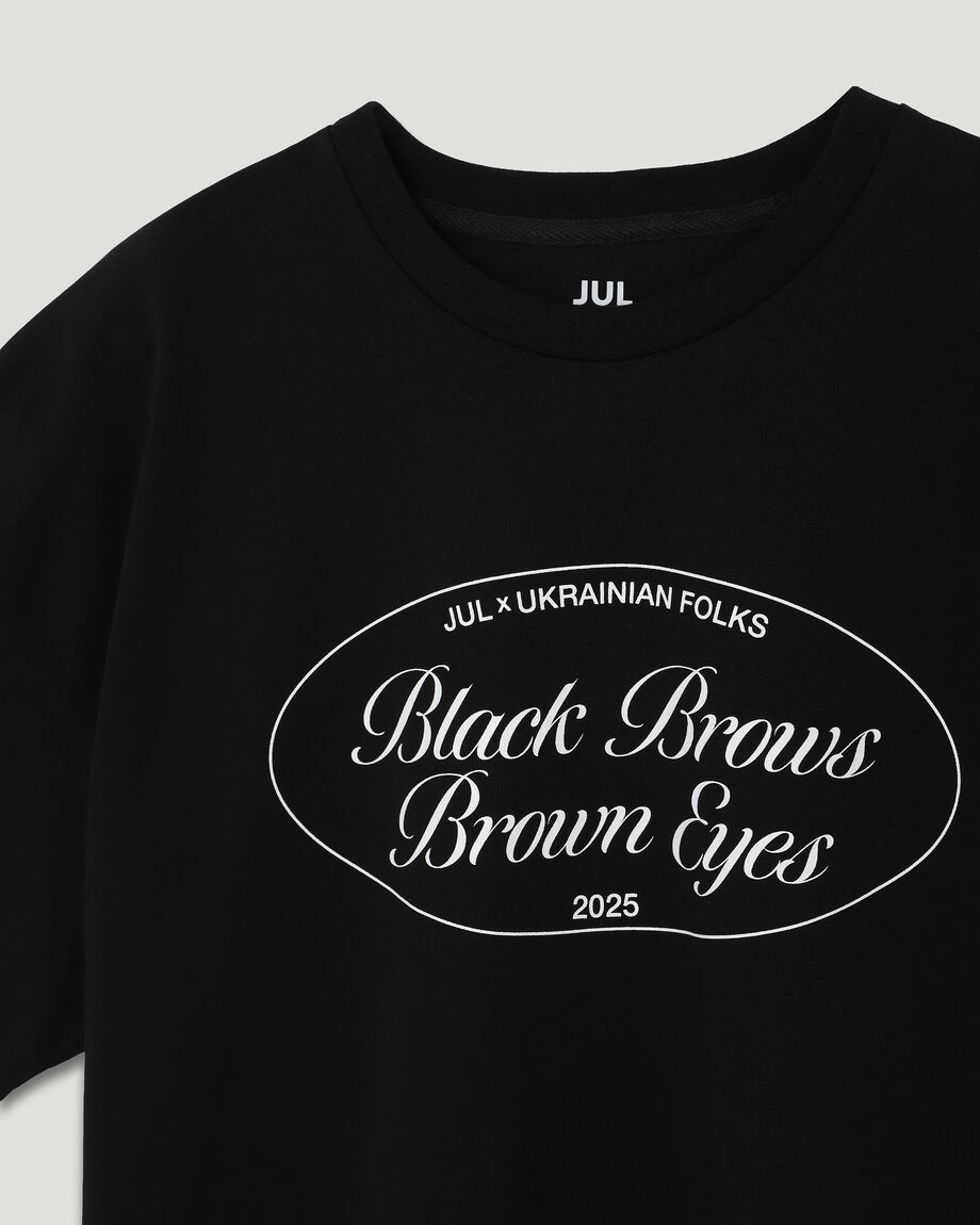 Black unisex T-shirt "Black Brows, Brown Eyes"