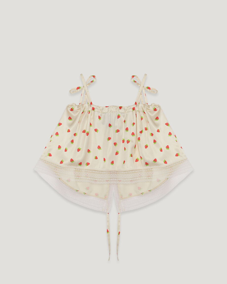 Strawberry Print Satin Gathered Top