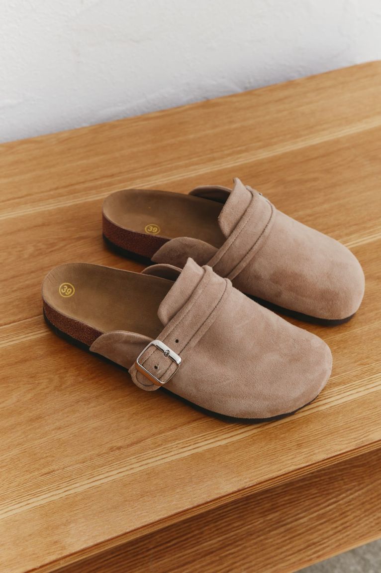 Beige suede clogs