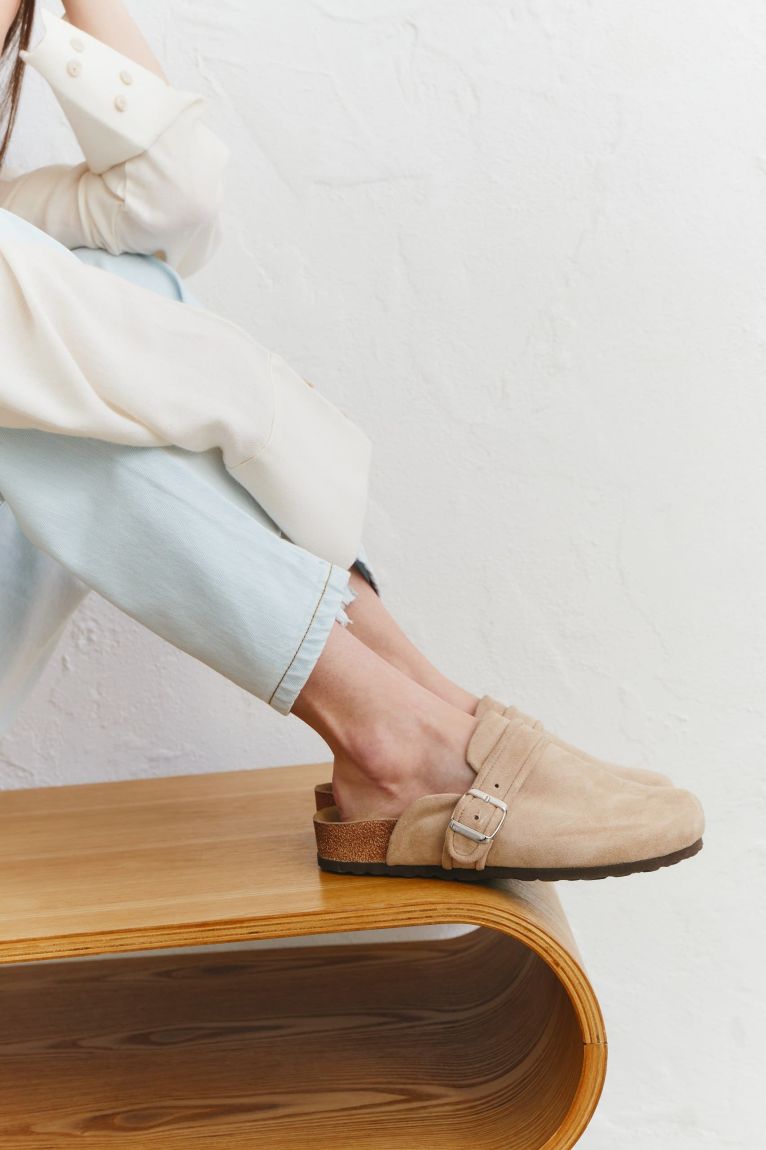 Beige suede clogs