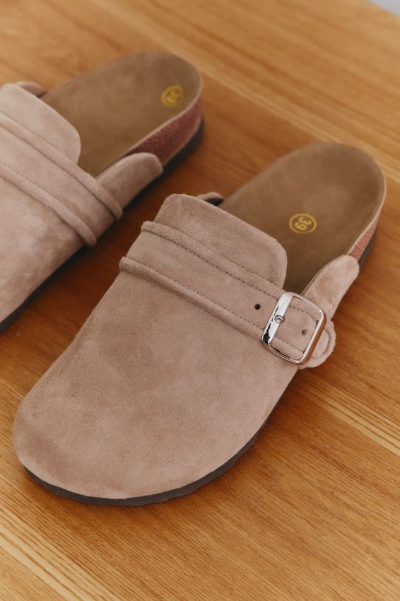 Beige suede clogs