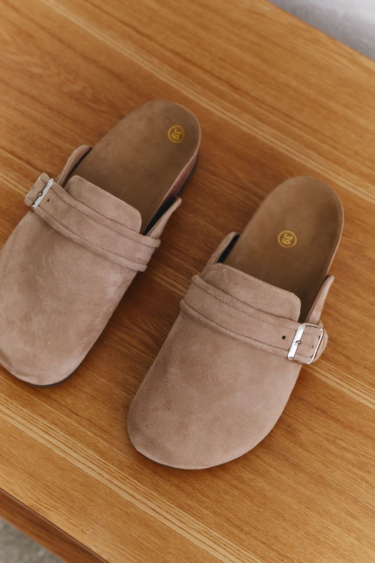 Beige suede clogs