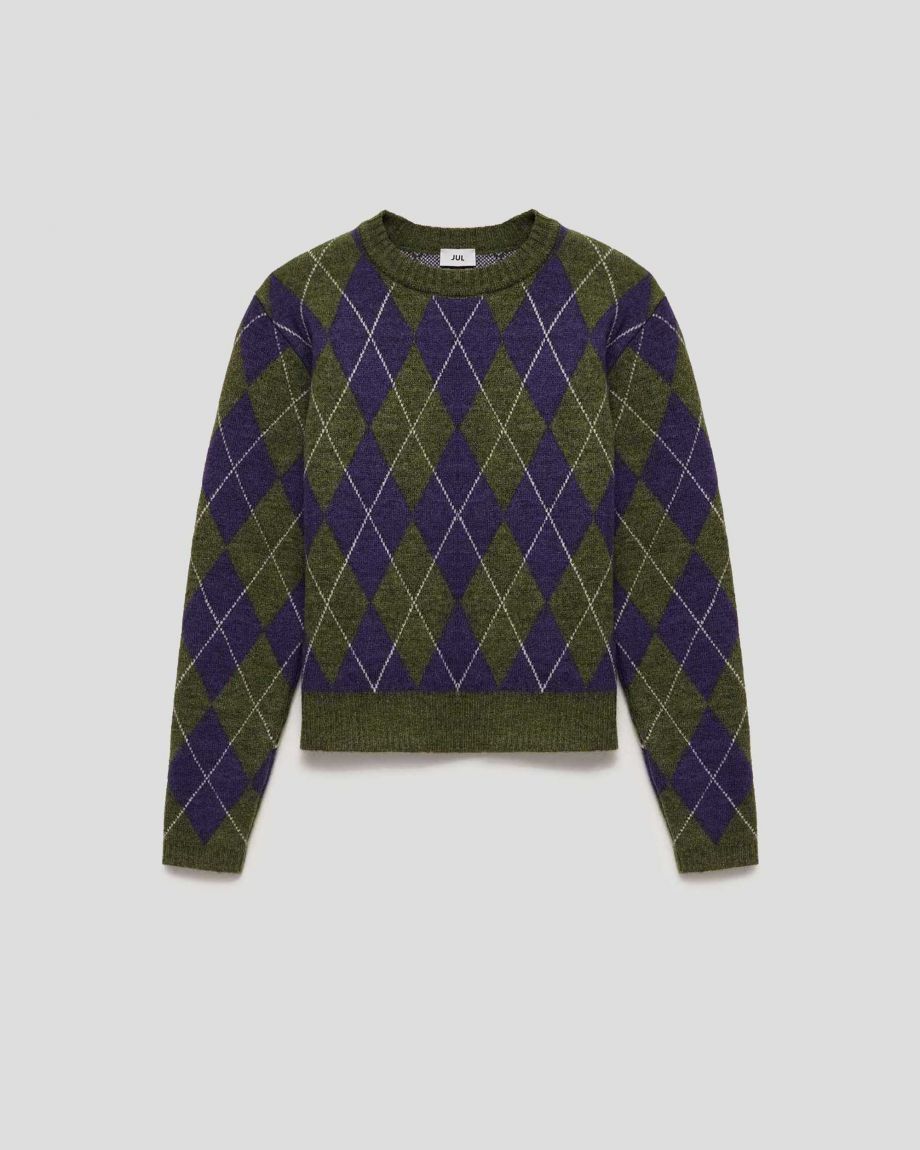 Green knitted sweater in purple rhombus