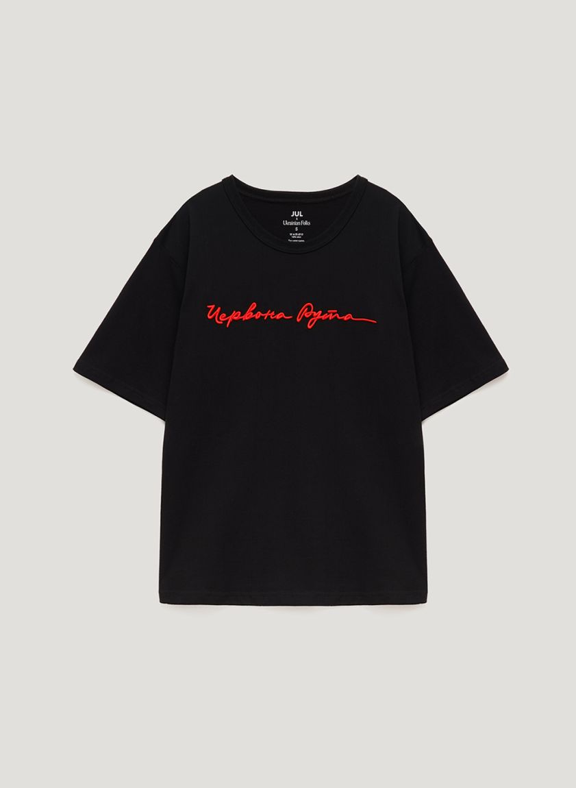 Women's black oversized T-shirt with embroidery "Red Ruta"