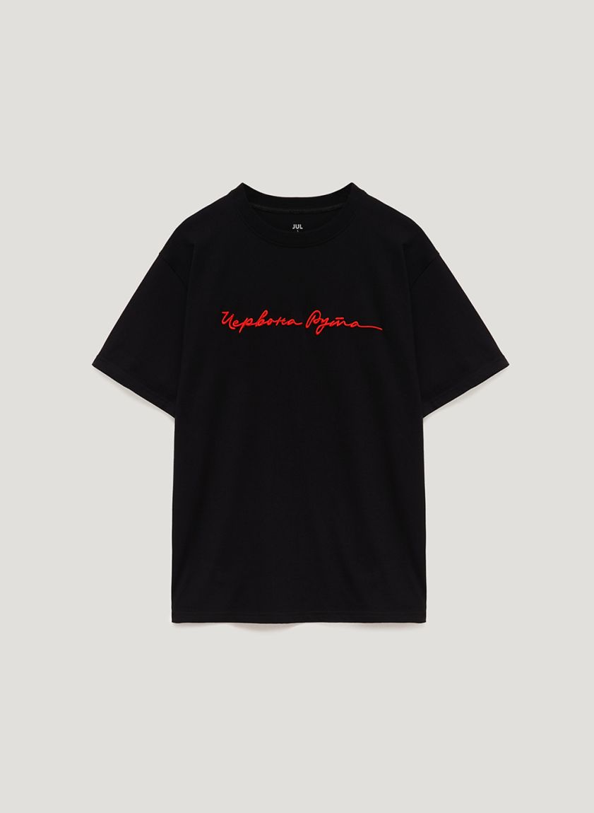 Men's black oversized T-shirt with embroidery "Red Ruta"