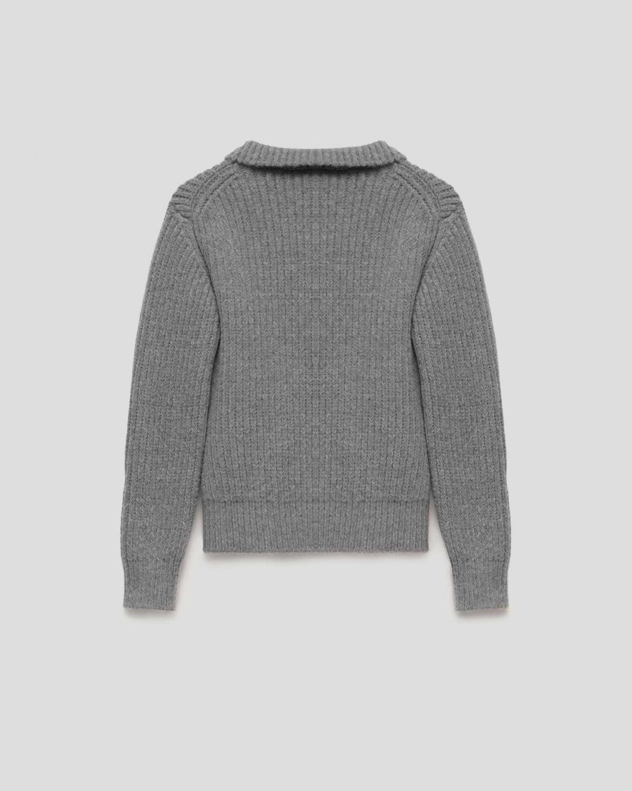 Gray knitted sweater with a collar