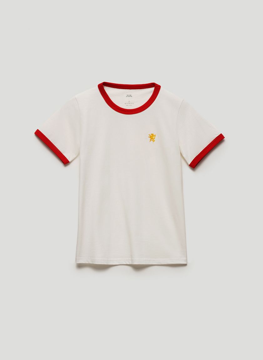 White T-shirt with lion embroidery in red edging