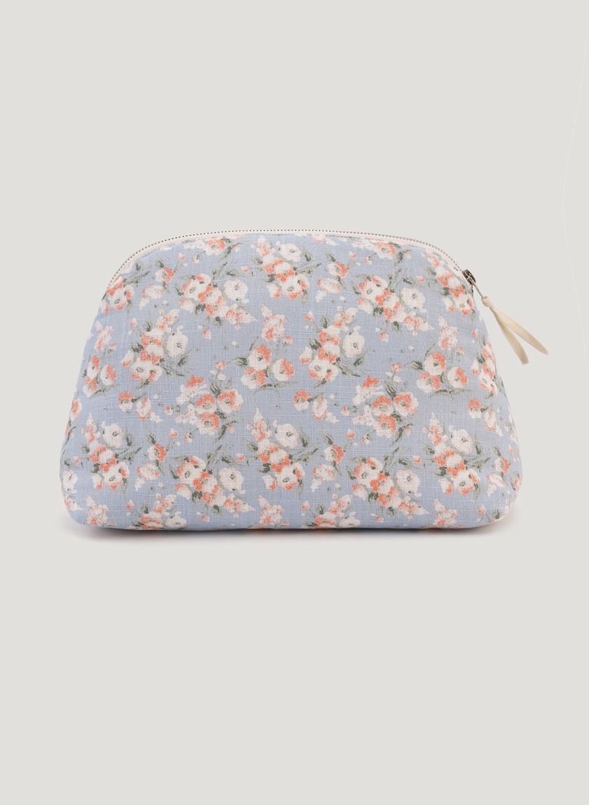 Large Blue Floral Print Linen Cosmetic Bag