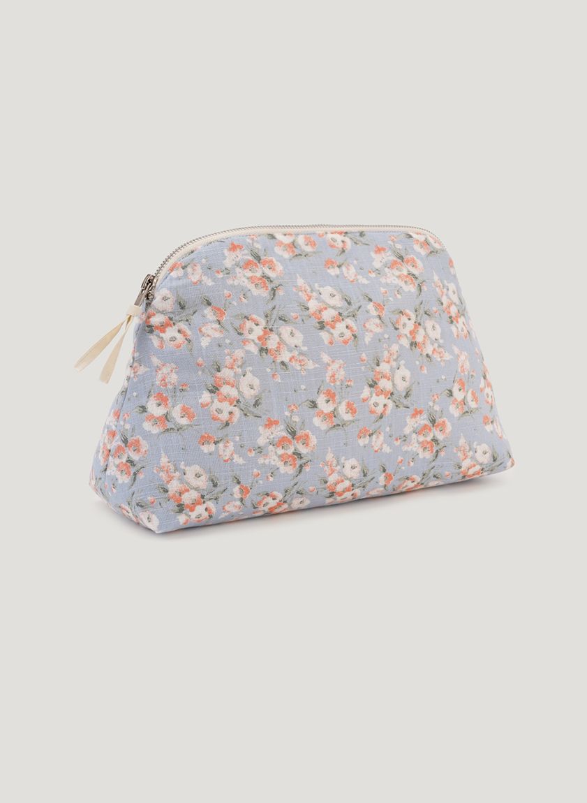 Large Blue Floral Print Linen Cosmetic Bag