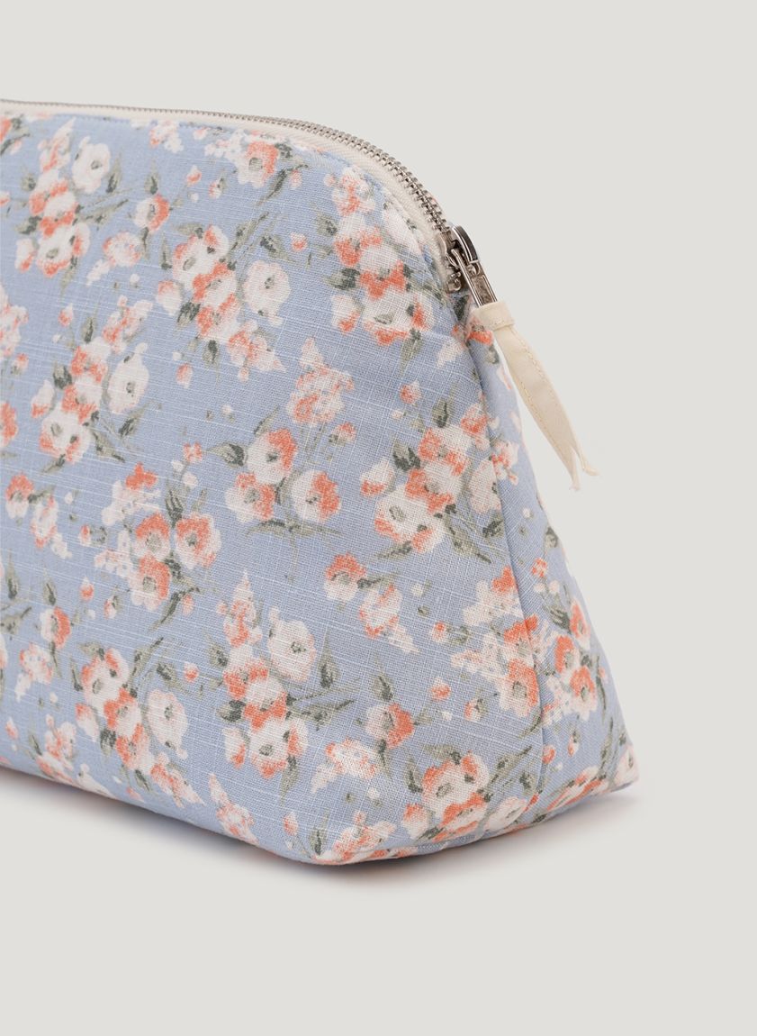 Large Blue Floral Print Linen Cosmetic Bag