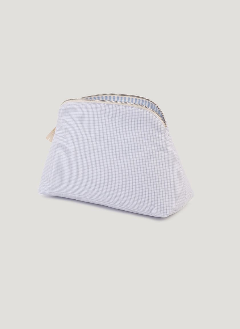 Large White and Blue Checkered Cotton Cosmetic Bag