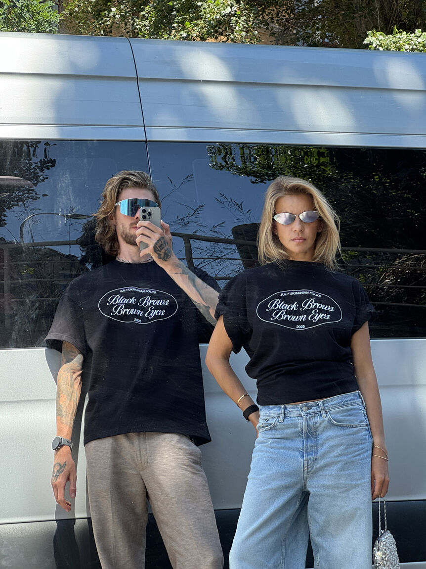 Black unisex T-shirt "Black Brows, Brown Eyes"
