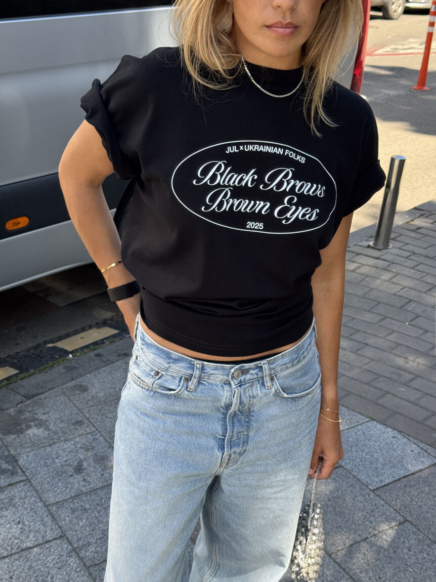Black unisex T-shirt "Black Brows, Brown Eyes"