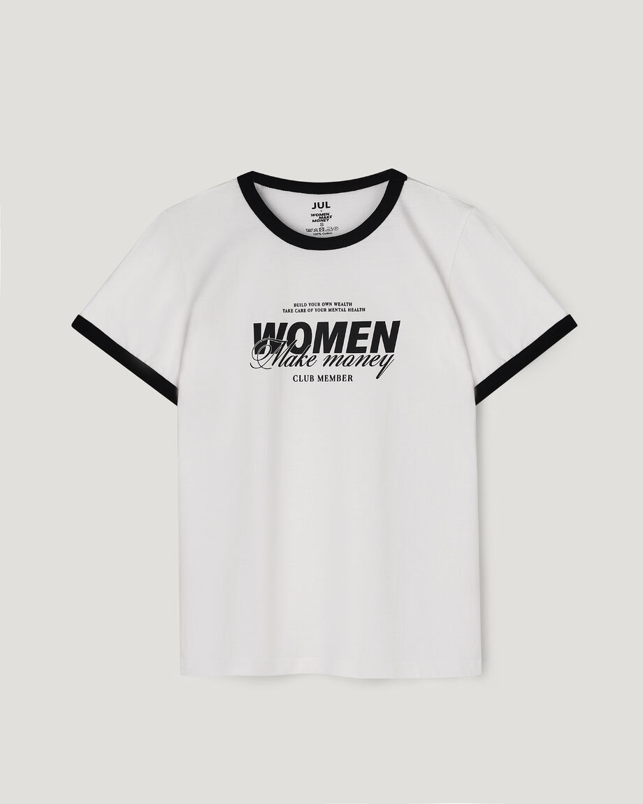 Футболка молочна з чорним кантом “Women make money”