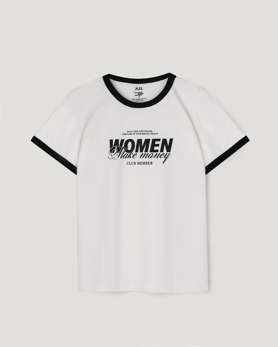 Футболка молочна з чорним кантом “Women make money”