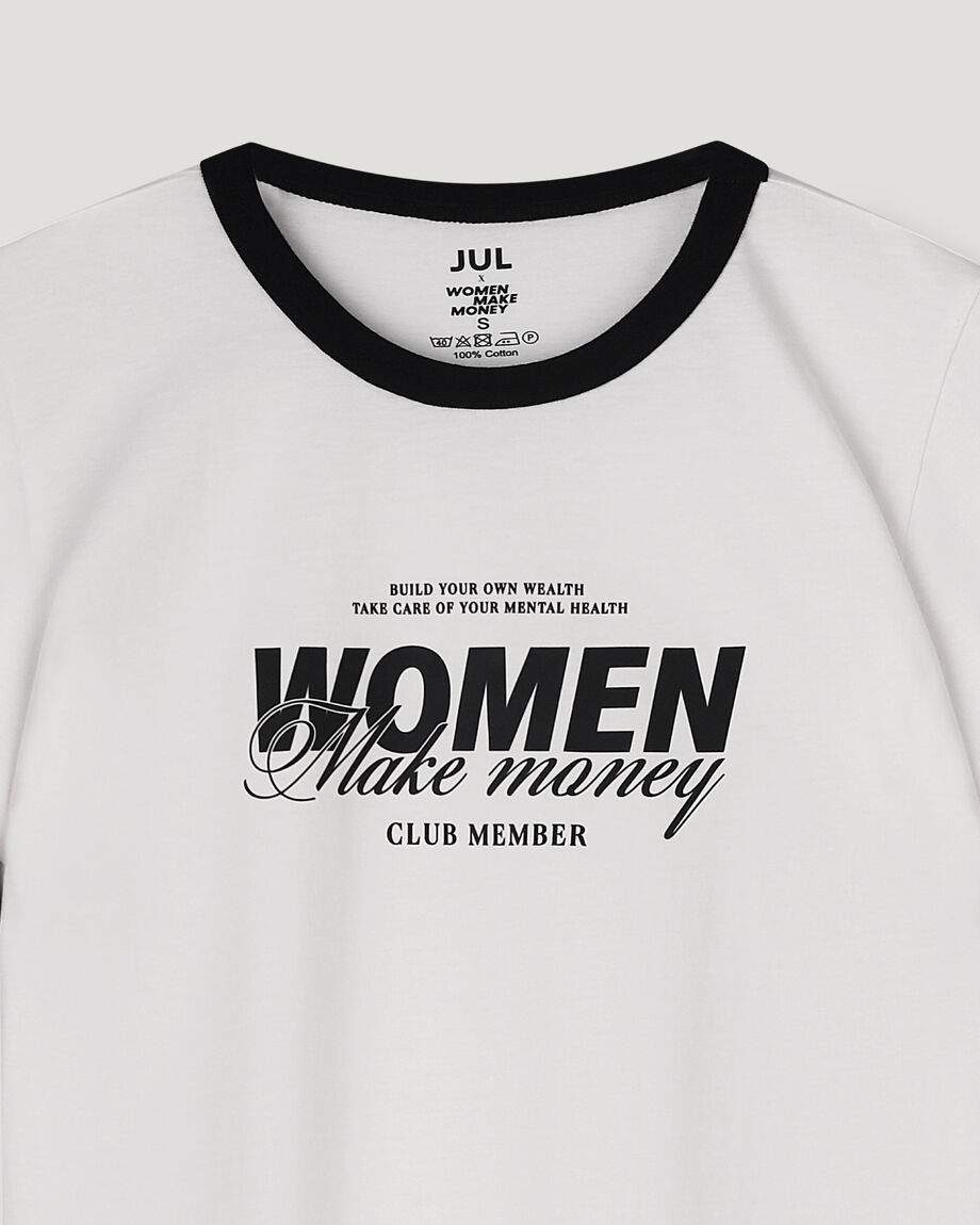 Футболка молочна з чорним кантом “Women make money”
