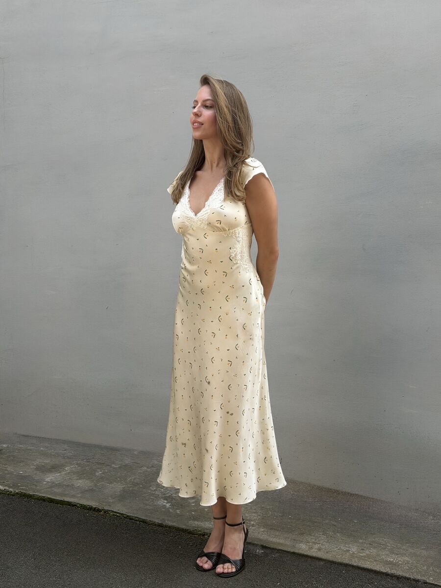 Cream Midi Dress with Lace Neckline and Floral Print