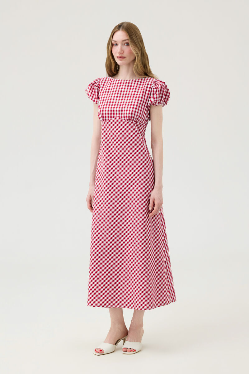 Midi Dress with Voluminous Sleeves in Red and White Check
