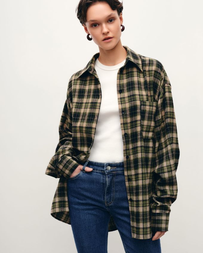 Oversized beige-green checked shirt