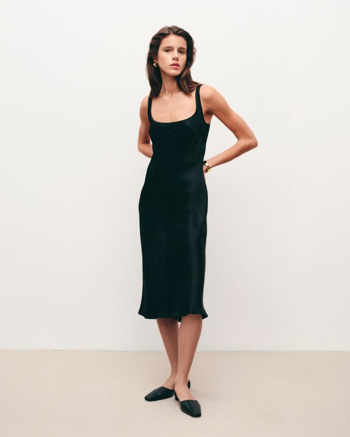 Black midi slip dress with an open back