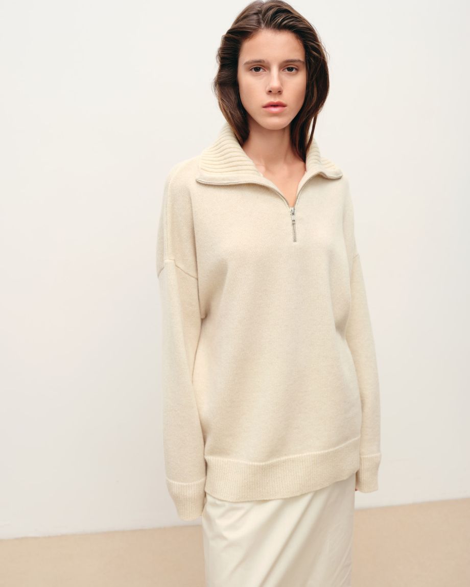 Milk polo sweater with zipper 100% cashmere