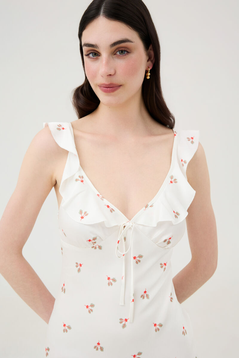 Midi Dress with Ruffles in Beet Print