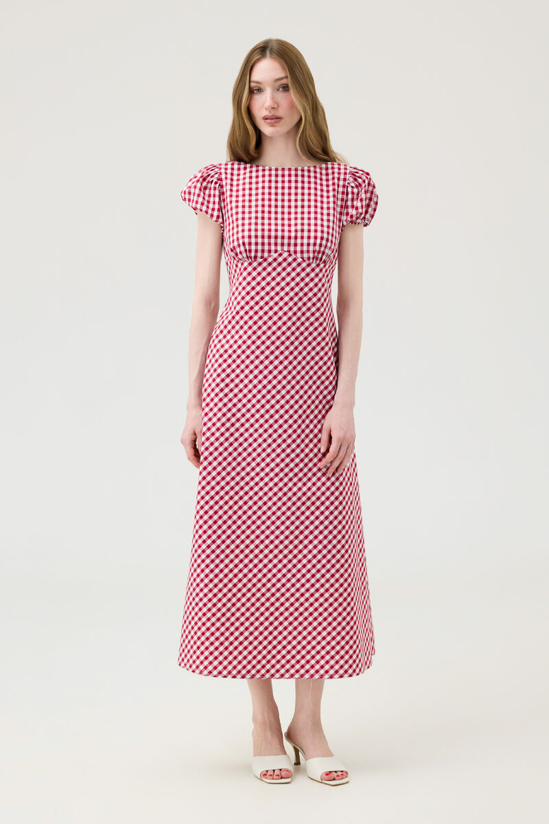 Midi Dress with Voluminous Sleeves in Red and White Check