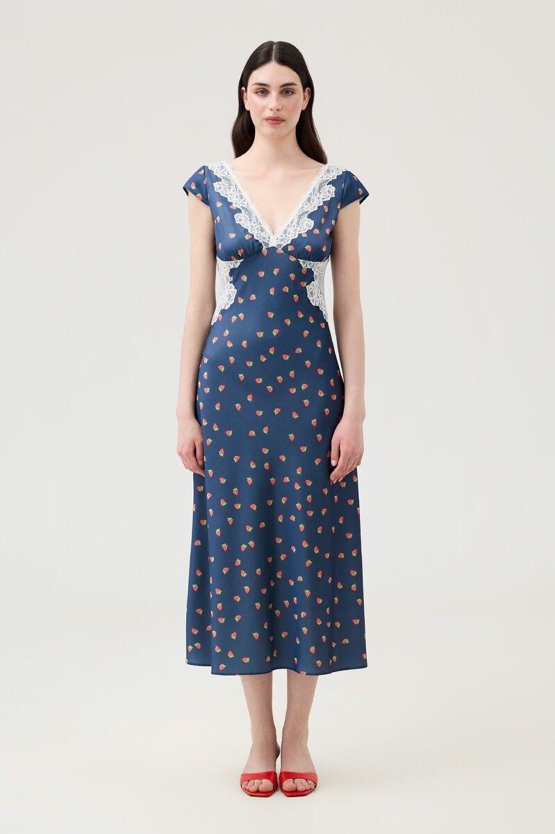 Blue Midi Dress with Lace Neckline and Strawberry Print
