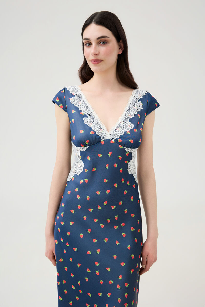 Blue Midi Dress with Lace Neckline and Strawberry Print