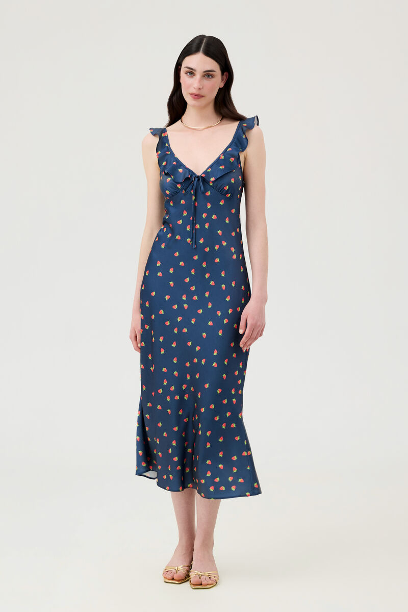 Midi Dress with Ruffles in Strawberry Print