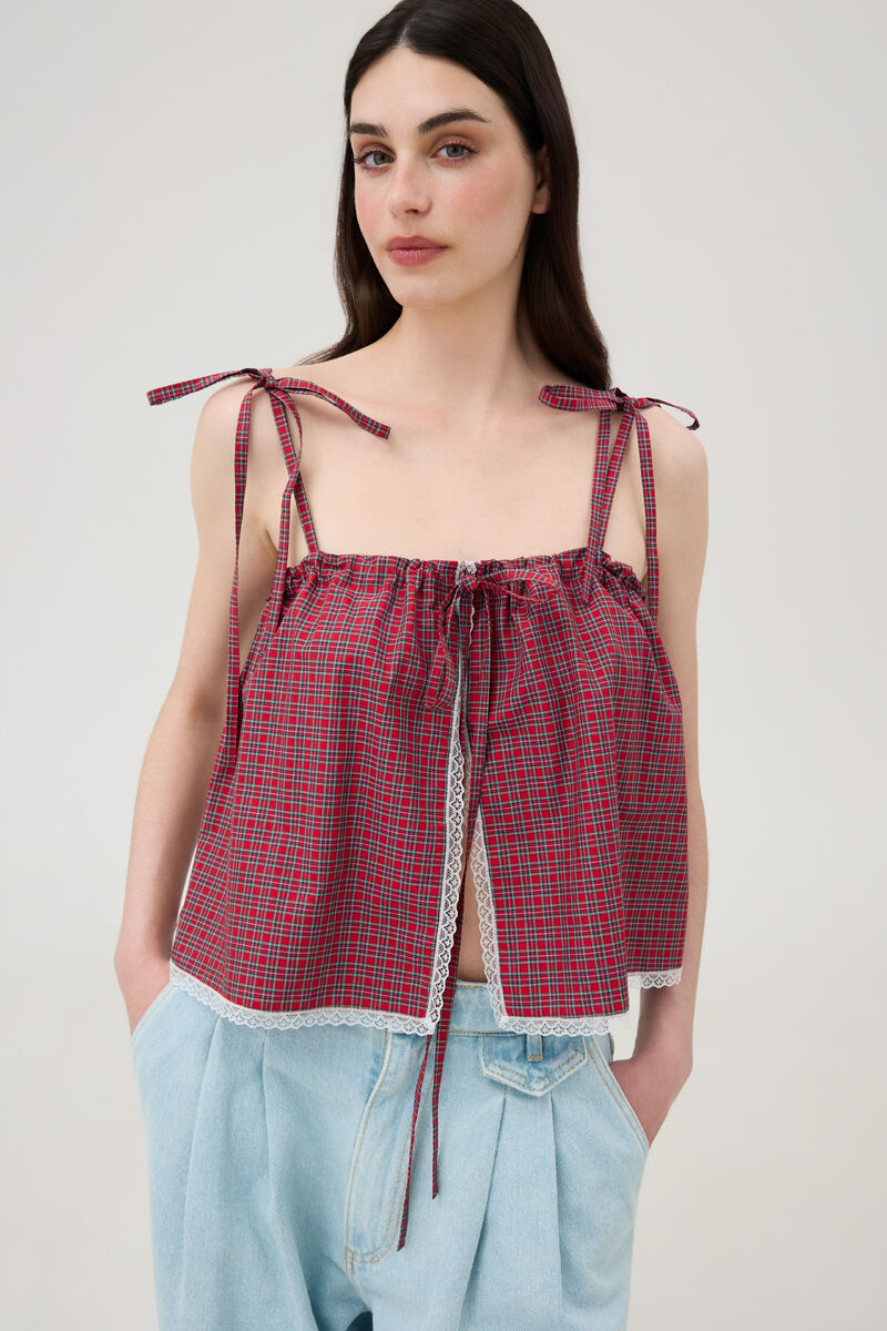 Red & White Check Cotton Gathered Top