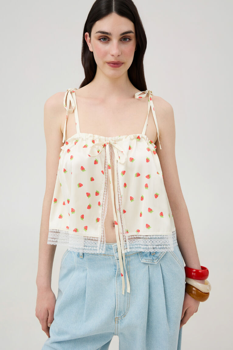 Strawberry Print Satin Gathered Top